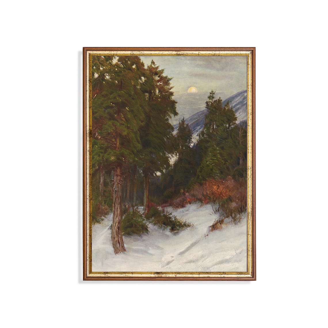 Pale Moonrise Over a Snowy Pine Forest at Blue Dusk Vintage Poster