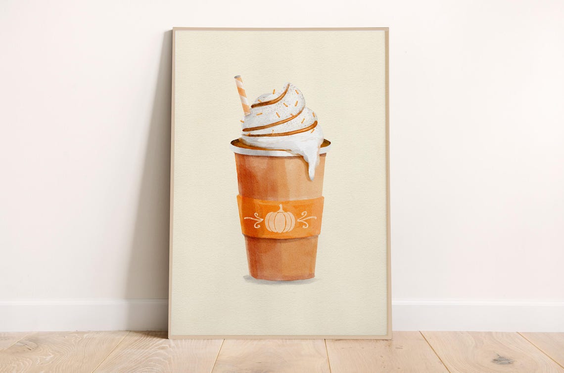 Pumpkin Spice Latte Watercolor Fall Coffee Cup Cozy Autumn Art Print