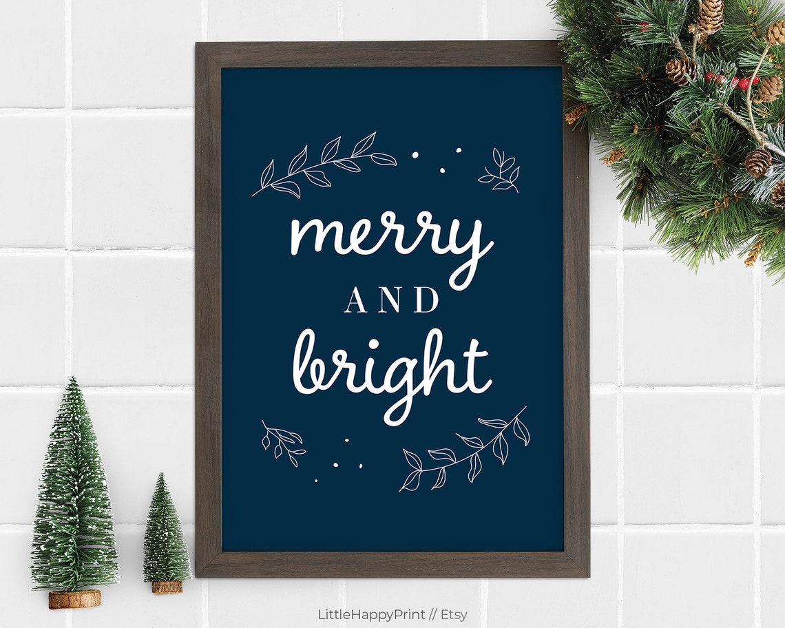 Merry and Bright Navy Botanical Script Modern Christmas Wall Art