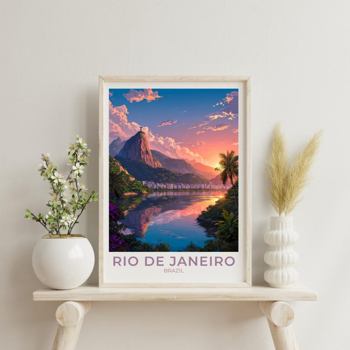 Rio de Janeiro Brazil Sunset Bay Christ Statue Travel Poster