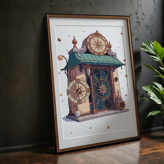 Steampunk Clockhouse Fantasy Compass Clock Tower Whimsy Art Poster