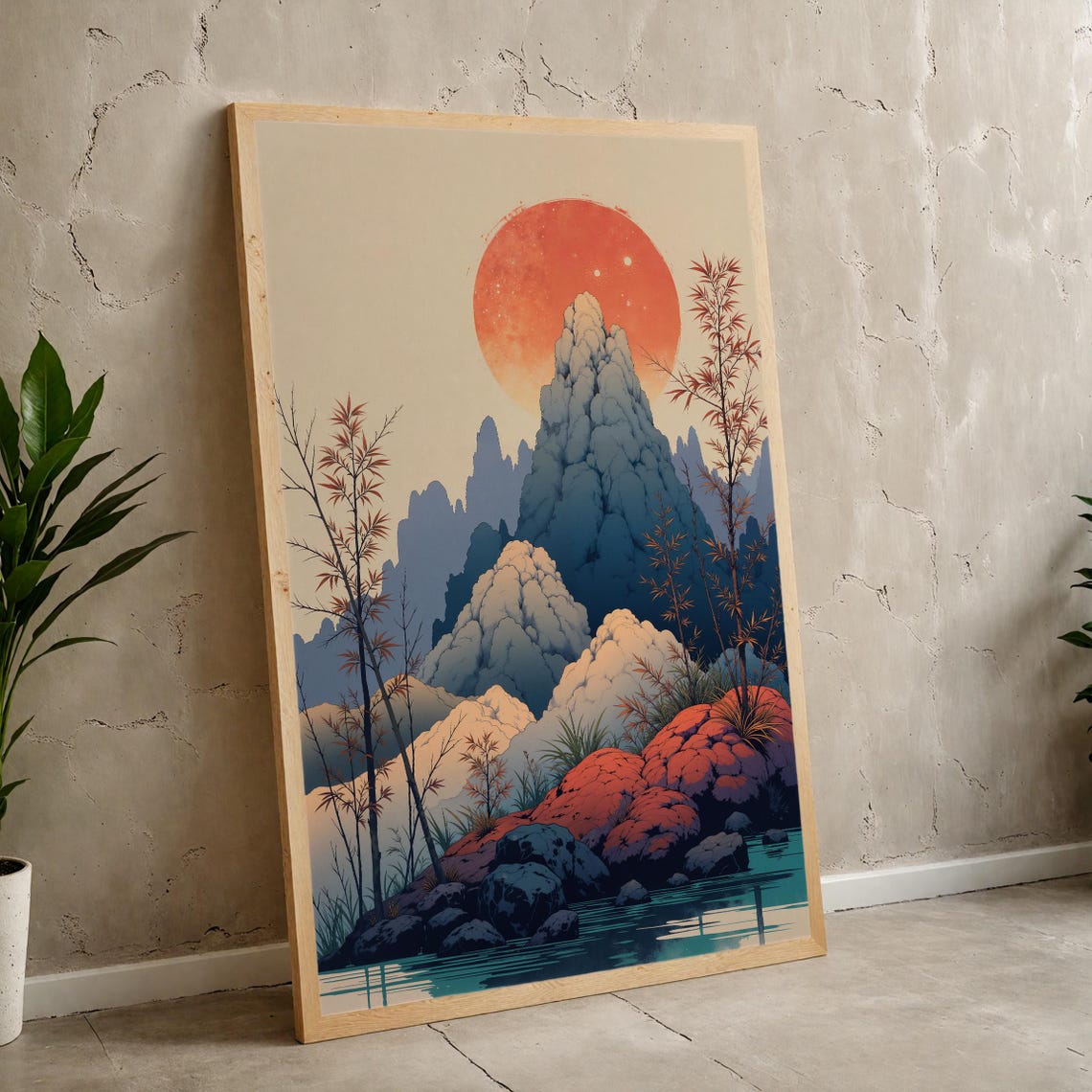 Asian Mountain Sunset Red Sun Bamboo Landscape Vintage Art Poster
