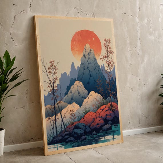 Mountain Sunset Art Print Tranquil Nature Illustration Asianinspired Landscape Poster Serene Wall Decor Home Office