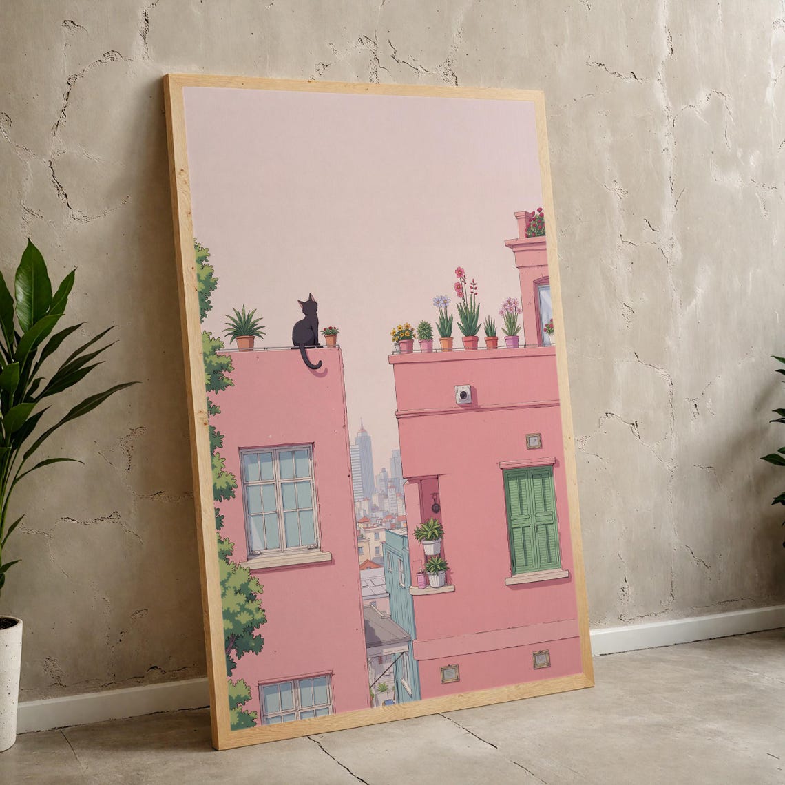 Black Cat on Pink Rooftop Minimalist City Illustration Print