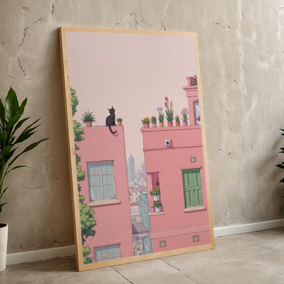 Black Cat on Pink Rooftop Minimalist City Illustration Print
