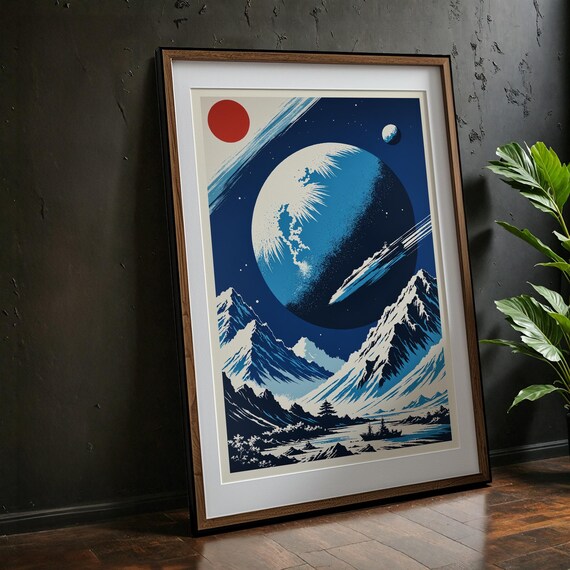 Retro Futuristic Space Landscape Giant Planet Mountain Art Print