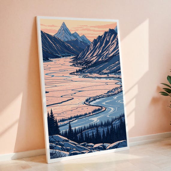 Vintage Mountain Landscape Art Print Serene Nature Scene