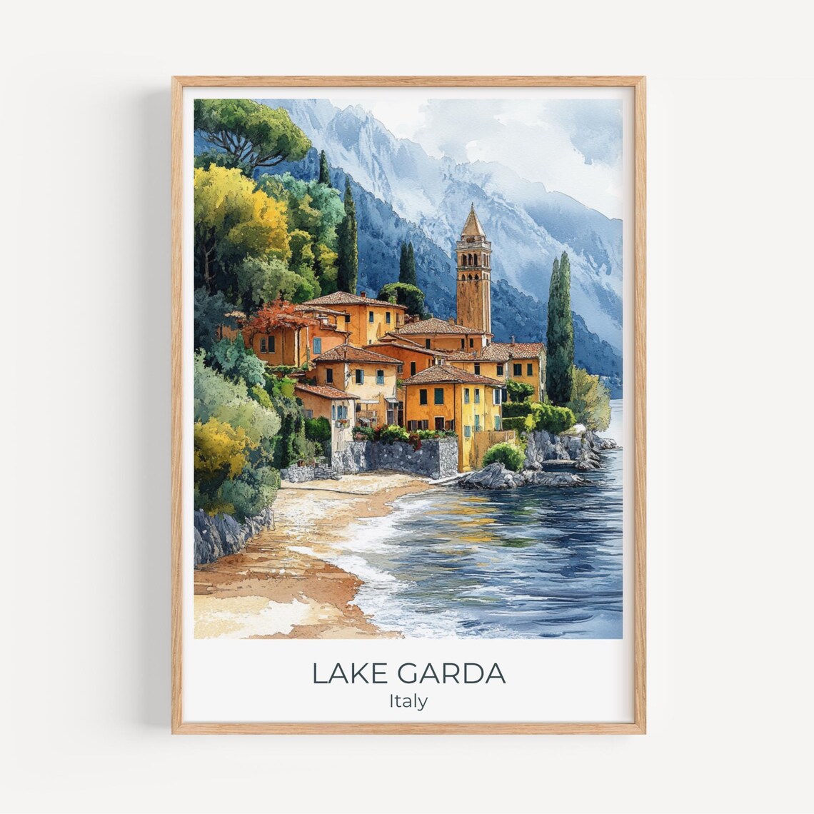 Lake Garda Italy Lakeside Village Watercolor Travel Art Poster
