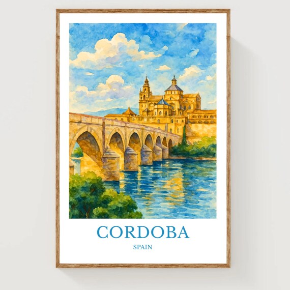 Cordoba Spain Watercolor Travel Poster Roman Bridge and Mezquita View
