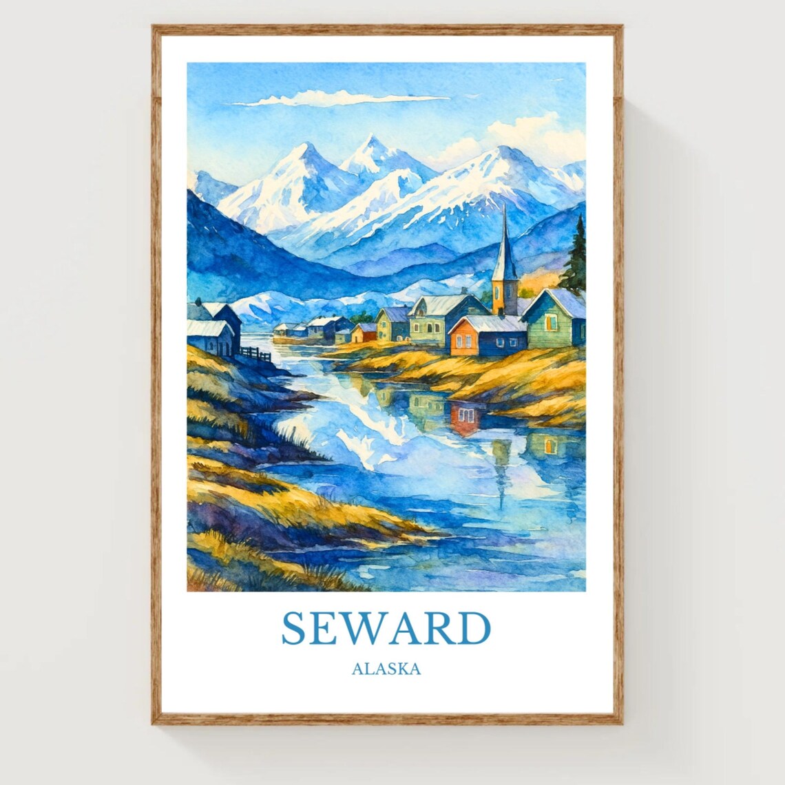 Seward Alaska Travel Poster Watercolor Harbor Town Snowy Mountains