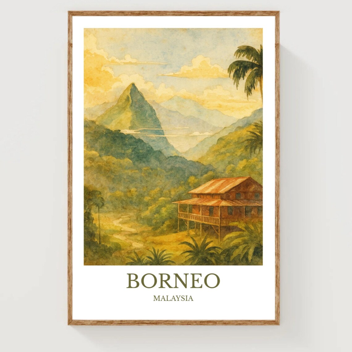 Borneo Malaysia Jungle Mountain Stilt House Watercolor Travel Poster
