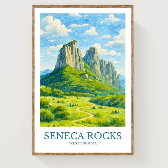 Seneca Rocks West Virginia Sandstone Cliffs Watercolor Travel Poster