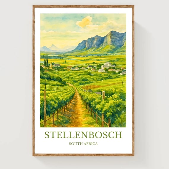 Stellenbosch South Africa Vineyard Valley Watercolor Travel Poster