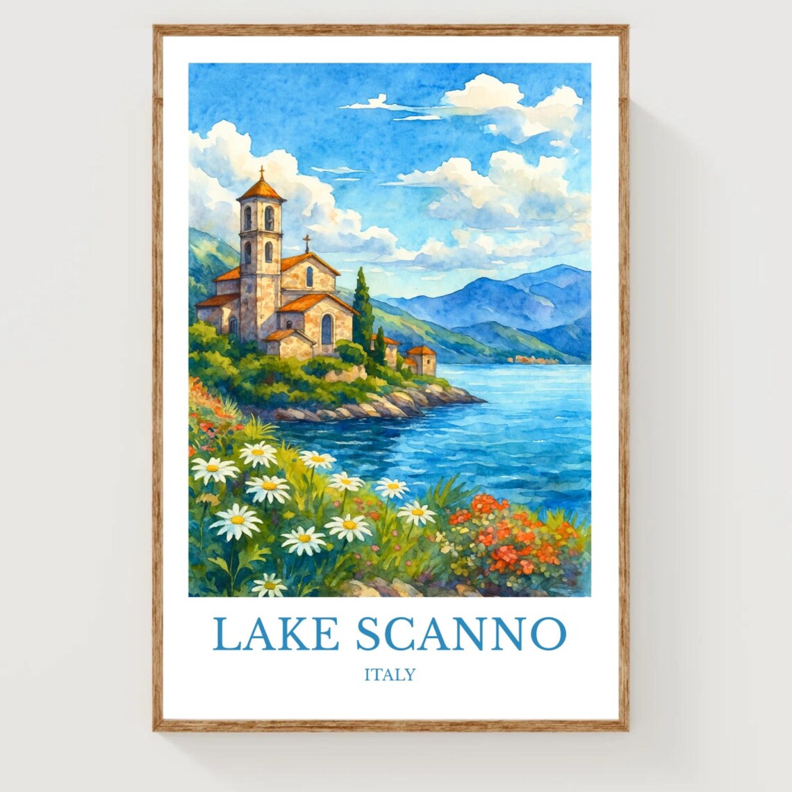 Lake Scanno Italy Watercolor Travel Poster Church Lakeside View