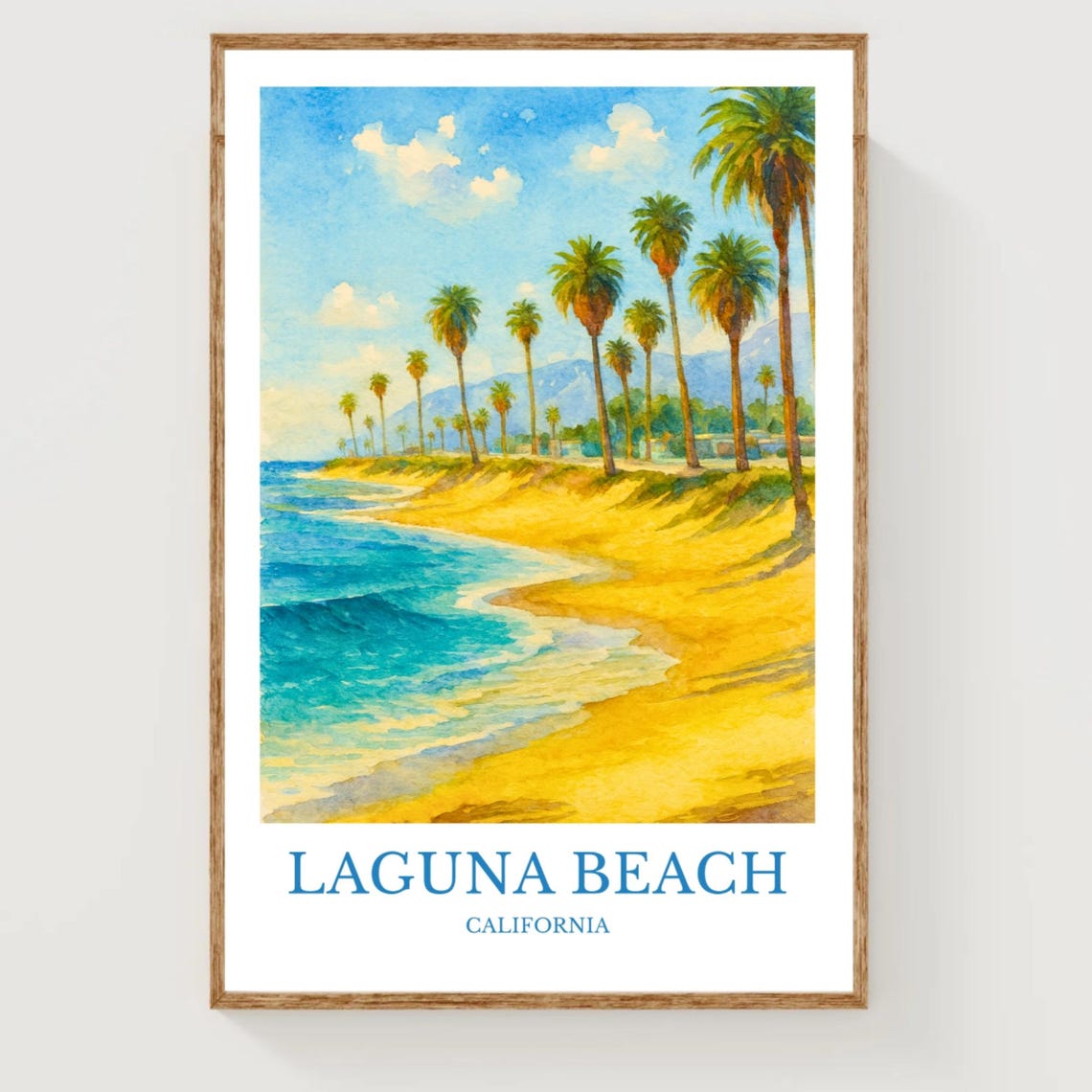 Laguna Beach California Watercolor Poster with Palms and Ocean Waves