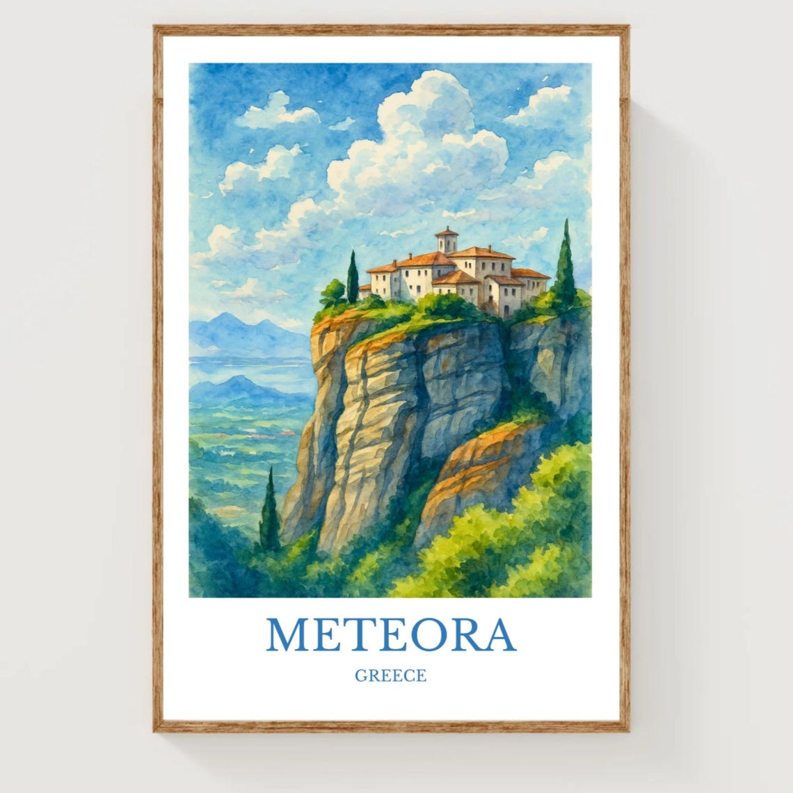 Meteora Greece Cliff Monastery Rock Pillar Watercolor Travel Poster