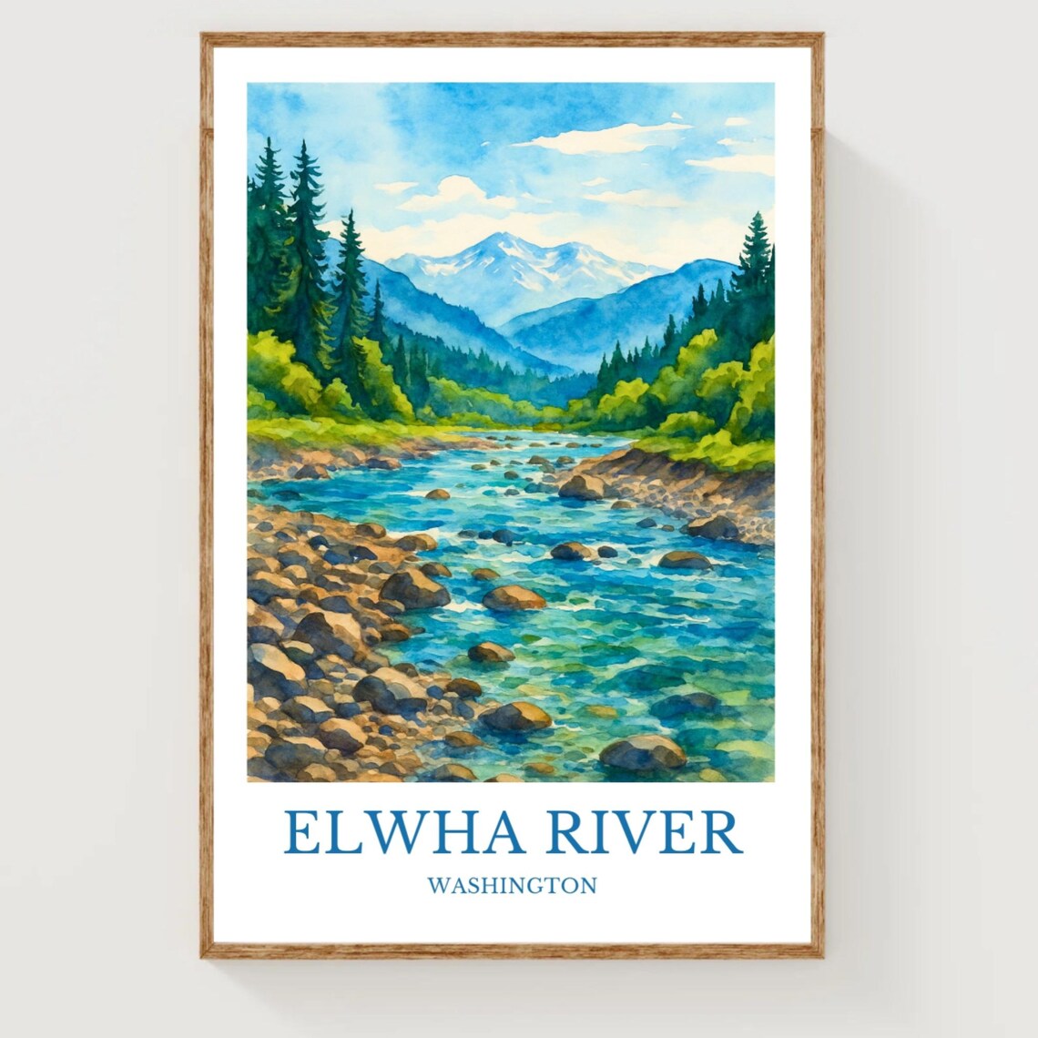 Elwha River Washington Watercolor Mountain Travel Poster for Walls