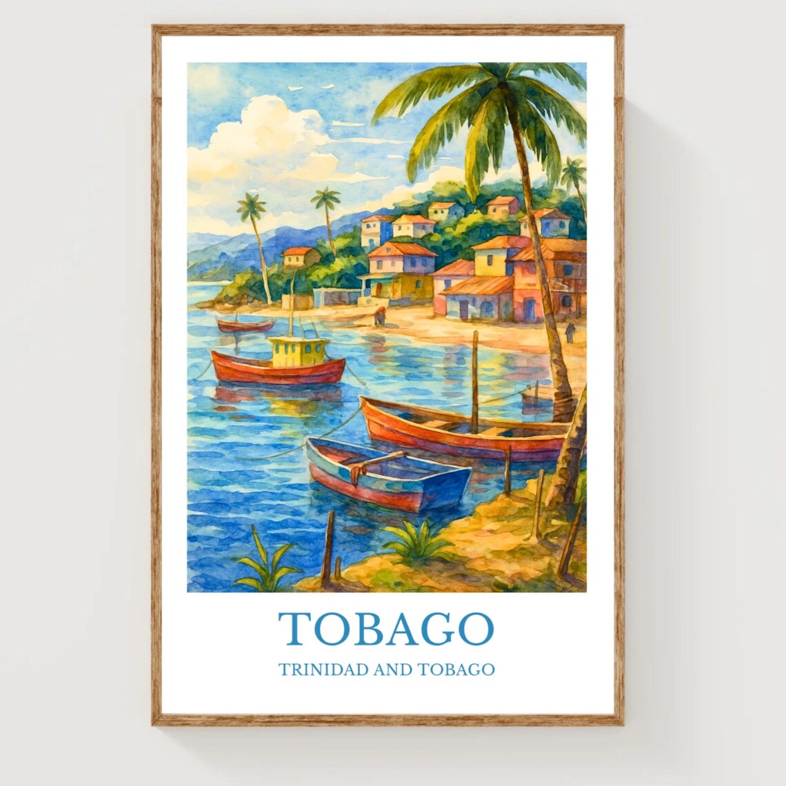 Tobago Fishing Village Bay Watercolor Travel Poster Caribbean Boat Art