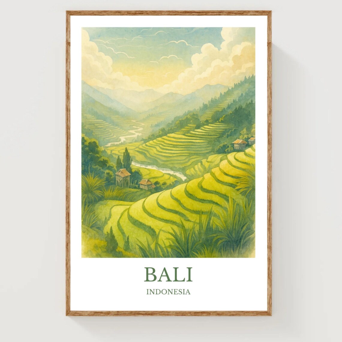 Bali Rice Terraces Watercolor Indonesia Lush Valley Travel Poster