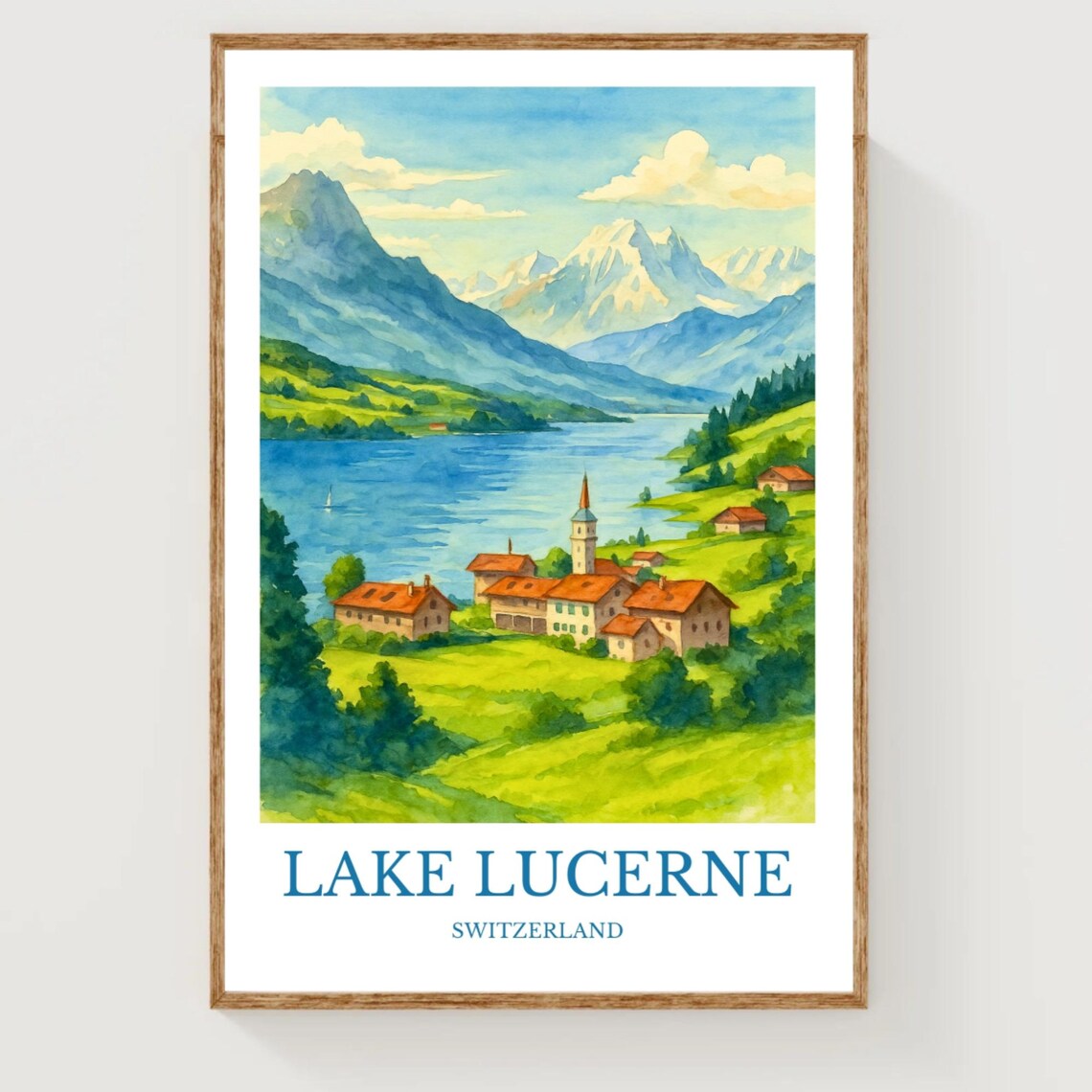 Lake Lucerne Switzerland Village Mountain Lake Watercolor Poster