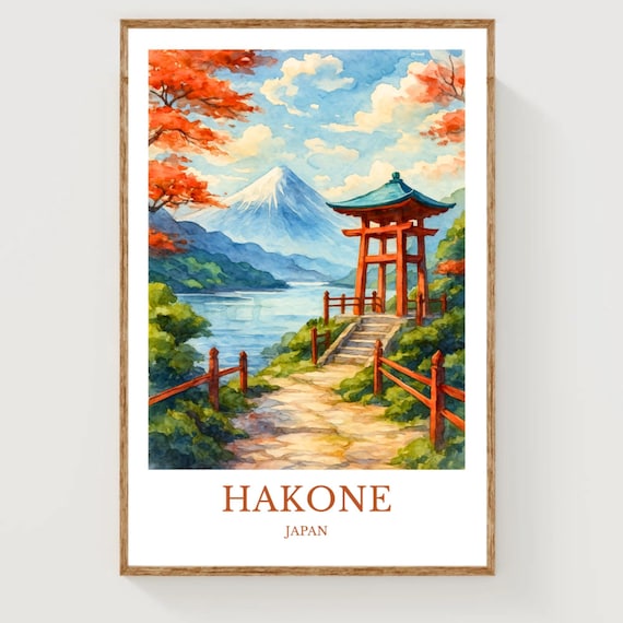 Hakone Japan Mount Fuji Red Pagoda Autumn Watercolor Travel Poster