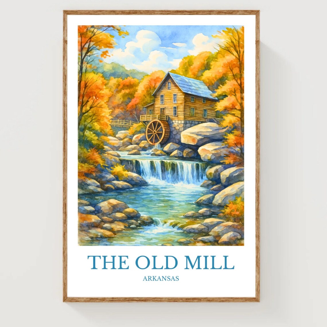 The Old Mill Arkansas Waterwheel Autumn Watercolor Travel Poster