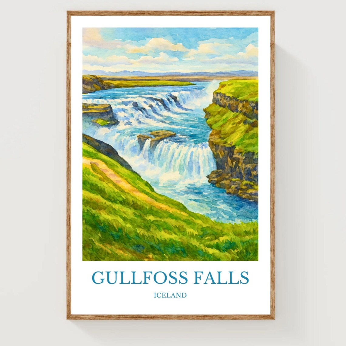 Gullfoss Falls Iceland Watercolor Travel Poster Dramatic Waterfall Scene