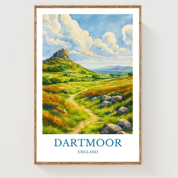 Dartmoor England Rolling Moorland Hills Watercolor Travel Poster