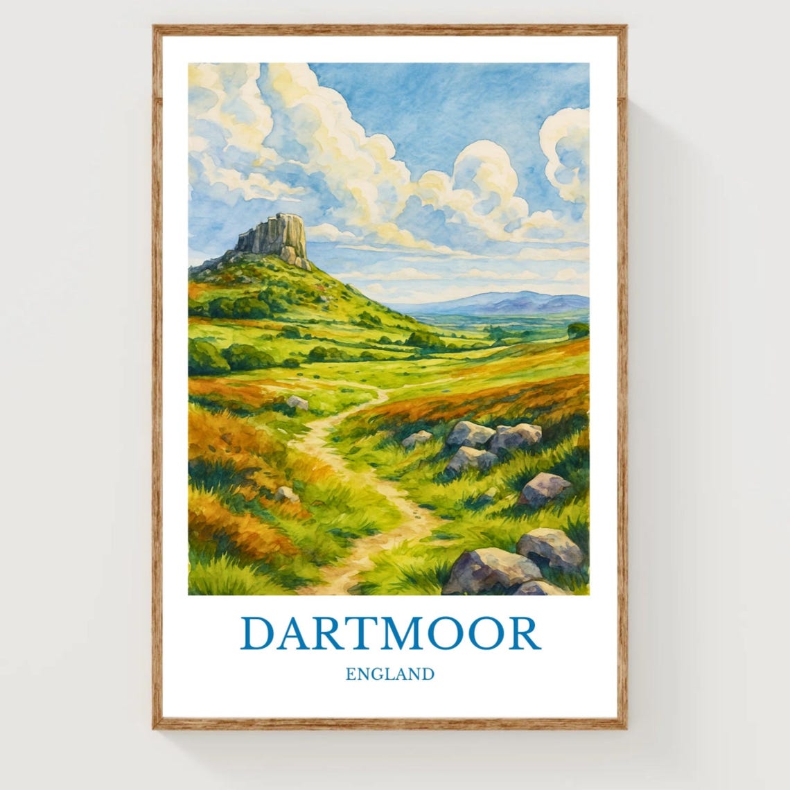 Dartmoor England Rolling Moorland Hills Watercolor Travel Poster