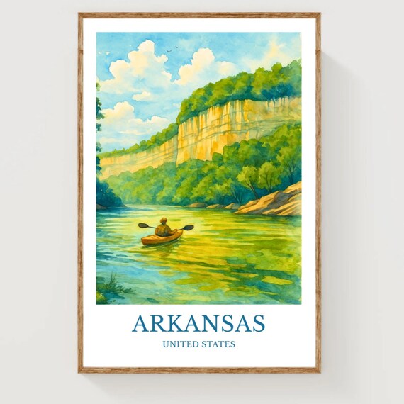 Arkansas River Kayaking Scene Cliffs Watercolor Travel Poster