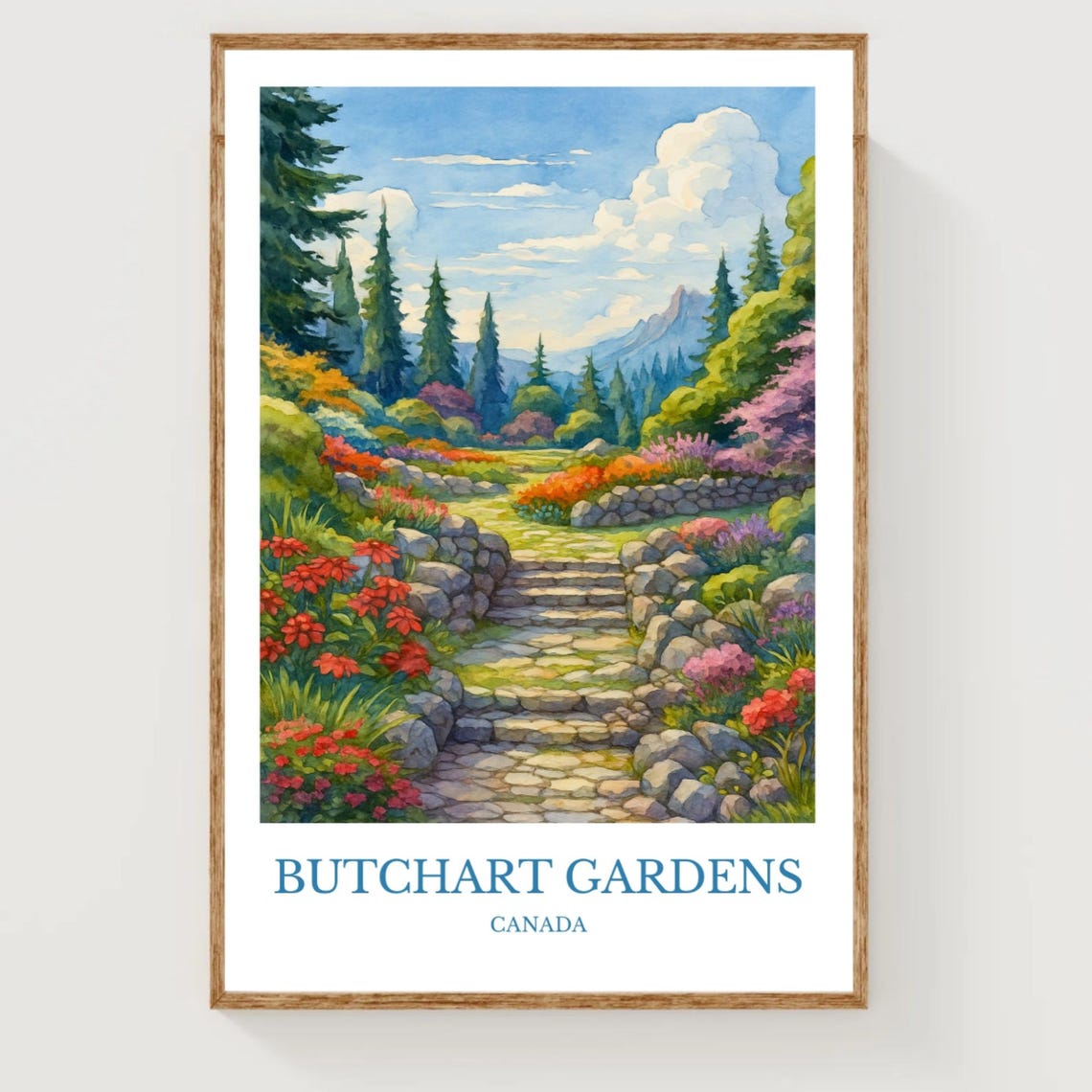 Butchart Gardens Canada Watercolor Travel Poster Floral Decor