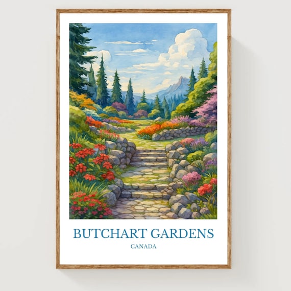 Butchart Gardens Canada Watercolor Travel Poster Floral Decor