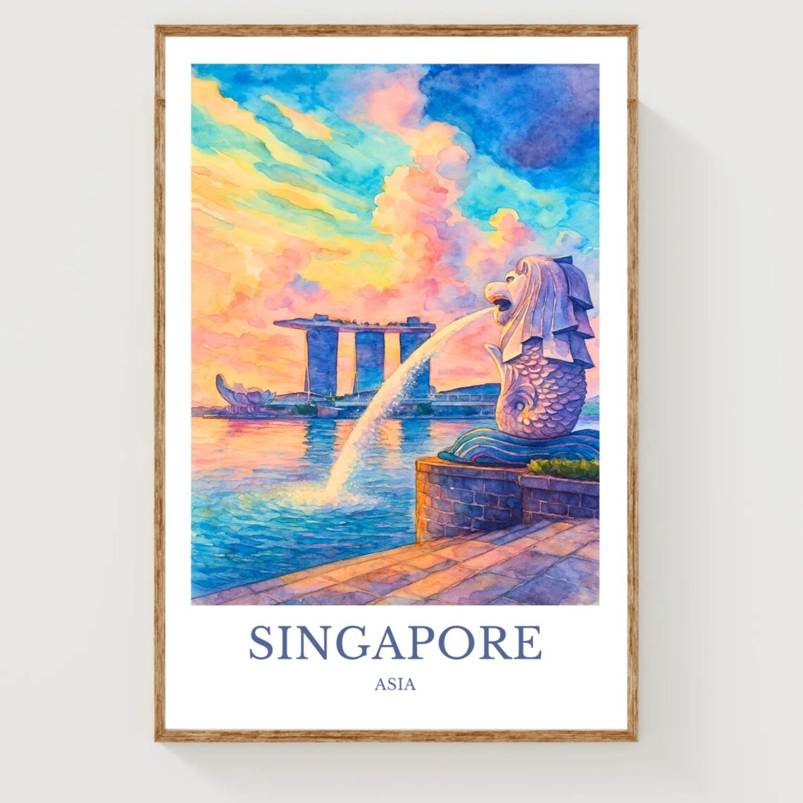 Singapore Merlion Marina Bay Watercolor Sunset Travel Poster