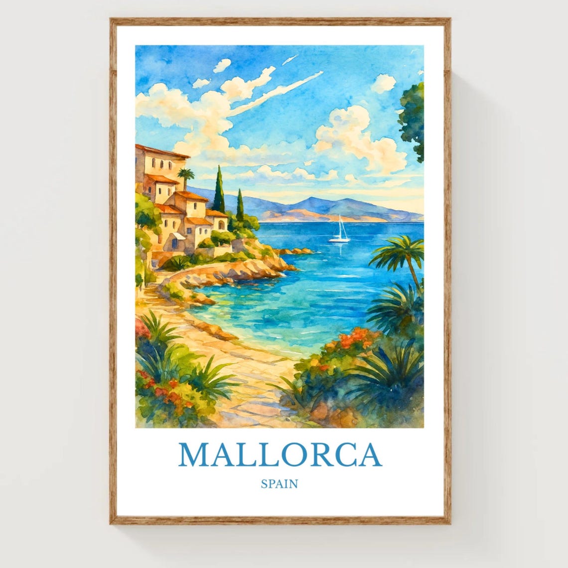Mallorca Spain Travel Poster Watercolor Coast Sailboat Mediterranean