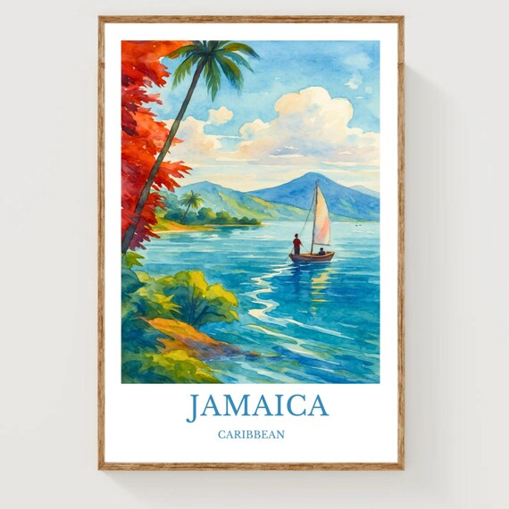 Jamaica Caribbean Sailboat Palm Cove Watercolor Travel Poster