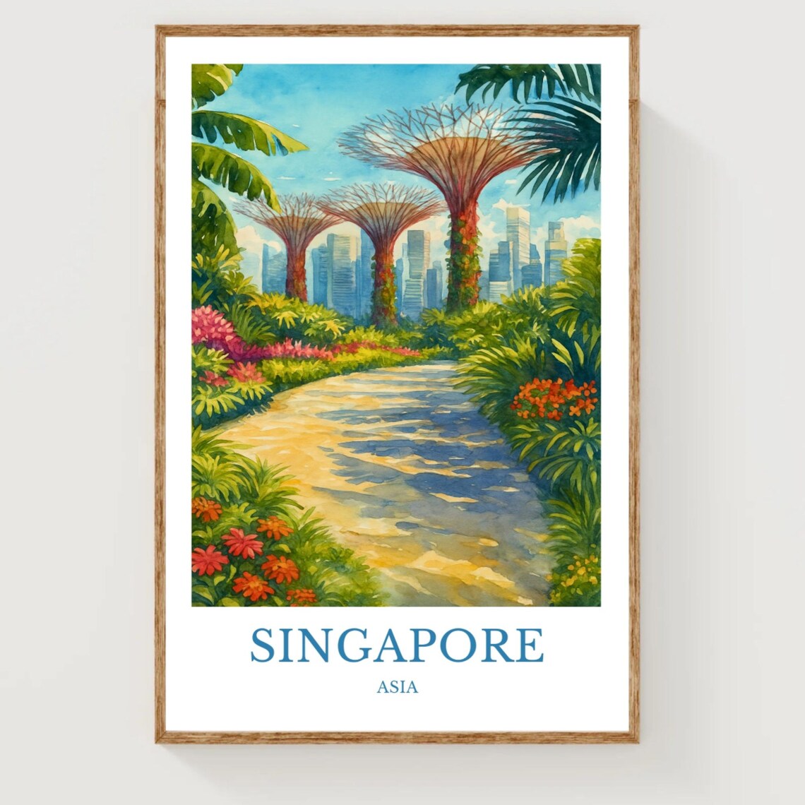 Singapore Asia Watercolor Supertree Grove Gardens Skyline Poster