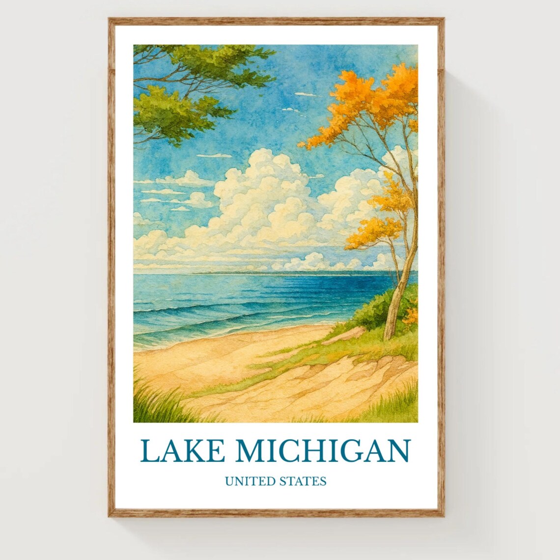 Lake Michigan Sandy Beach Golden Dunes Watercolor Travel Poster