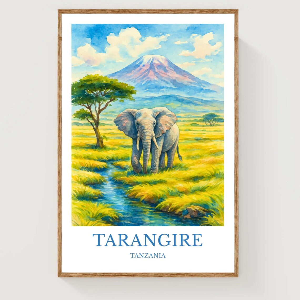 Tarangire Tanzania Elephant and Acacia Watercolor Travel Poster