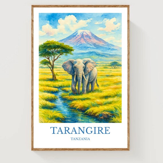 Tarangire Tanzania Elephant and Acacia Watercolor Travel Poster