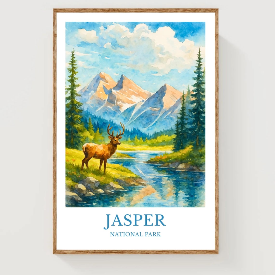 Jasper National Park Elk Watercolor Mountain Scenery Travel Poster