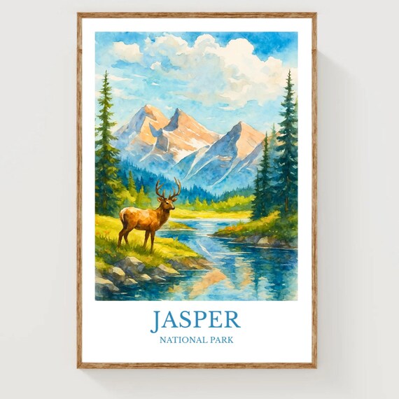Jasper National Park Elk Watercolor Mountain Scenery Travel Poster