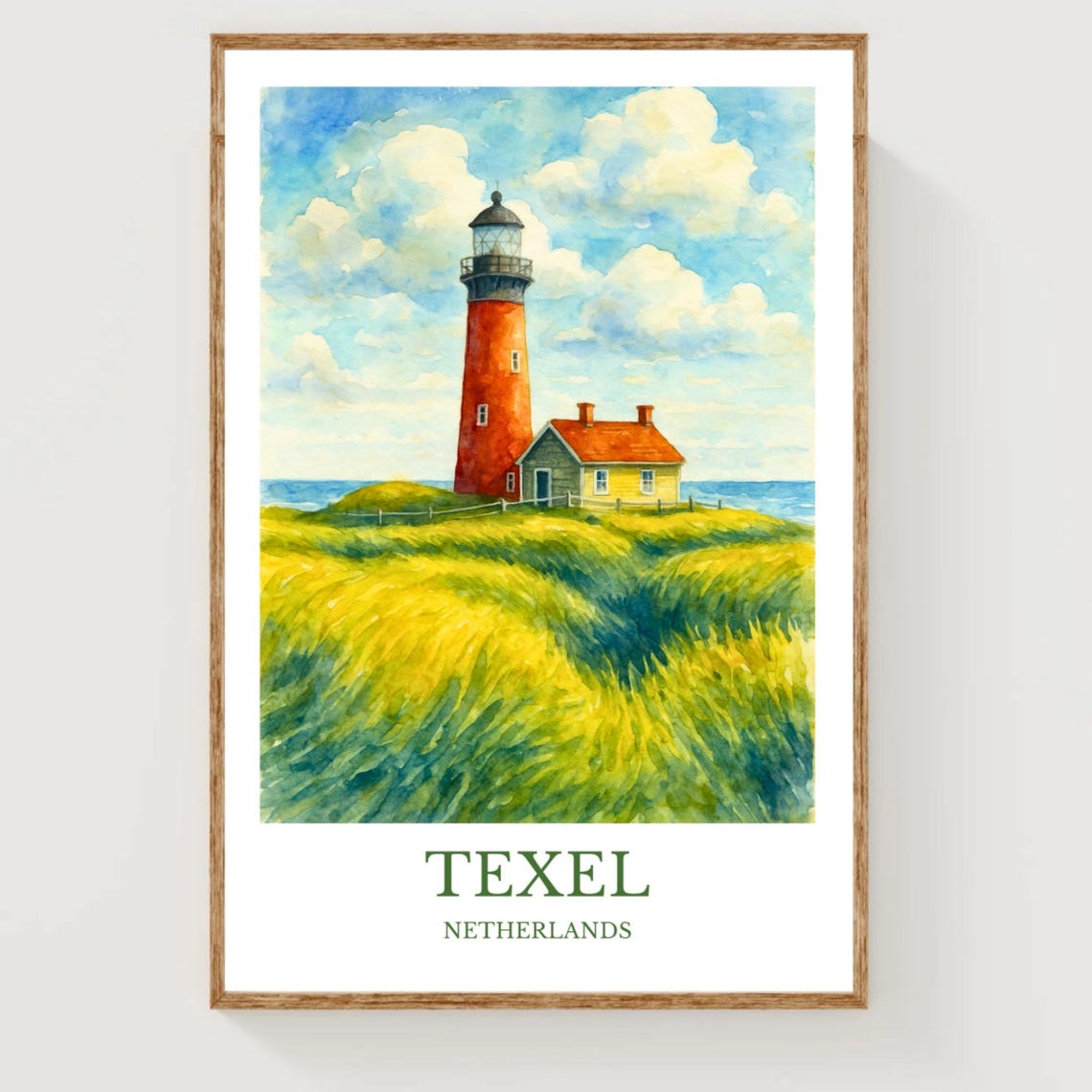 Texel Netherlands Watercolor Travel Poster Red Lighthouse And Dunes