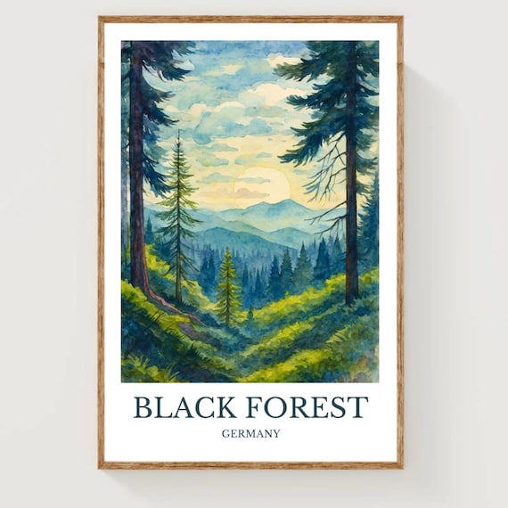 Black Forest Germany Pine Trees Sunset Watercolor Travel Print