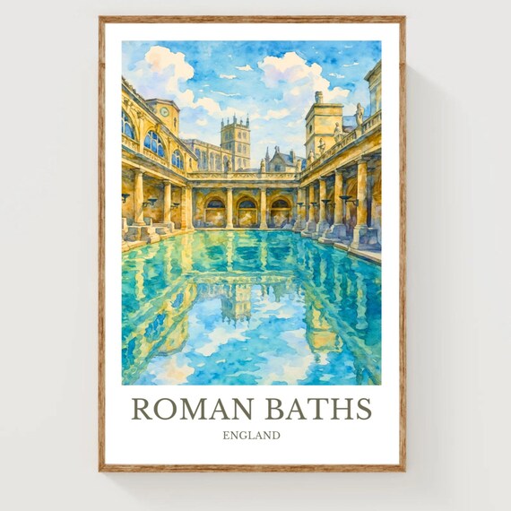 Roman Baths England Historic Courtyard Watercolor Travel Poster