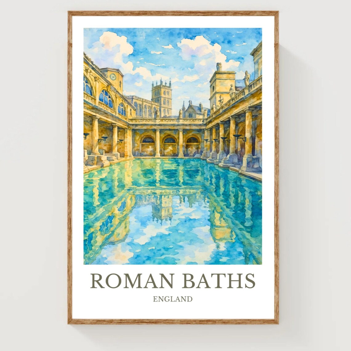 Roman Baths England Historic Courtyard Watercolor Travel Poster