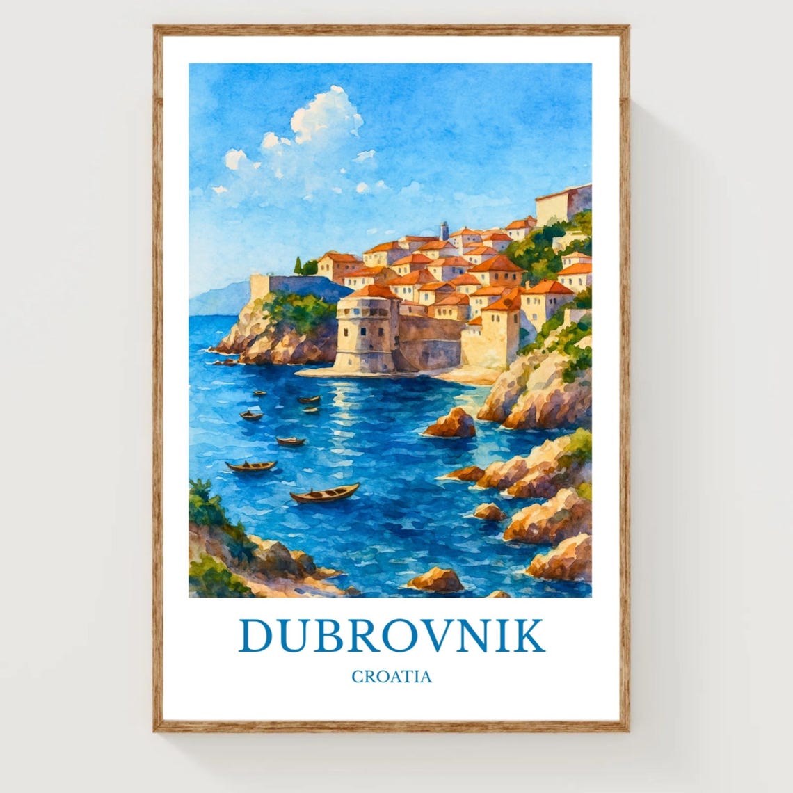 Dubrovnik Croatia Old Town Harbor Watercolor Coastal Travel Art Poster