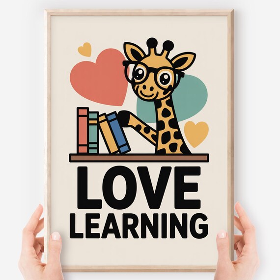 Love Learning Cute Giraffe Glasses Books Kawaii Classroom Reading Kids Poster