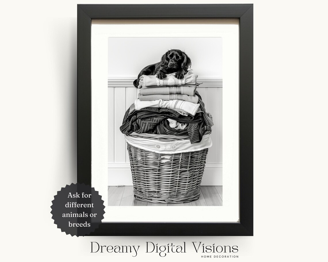 Black Cocker Spaniel Puppy Sleeping On Laundry Basket, Art Print