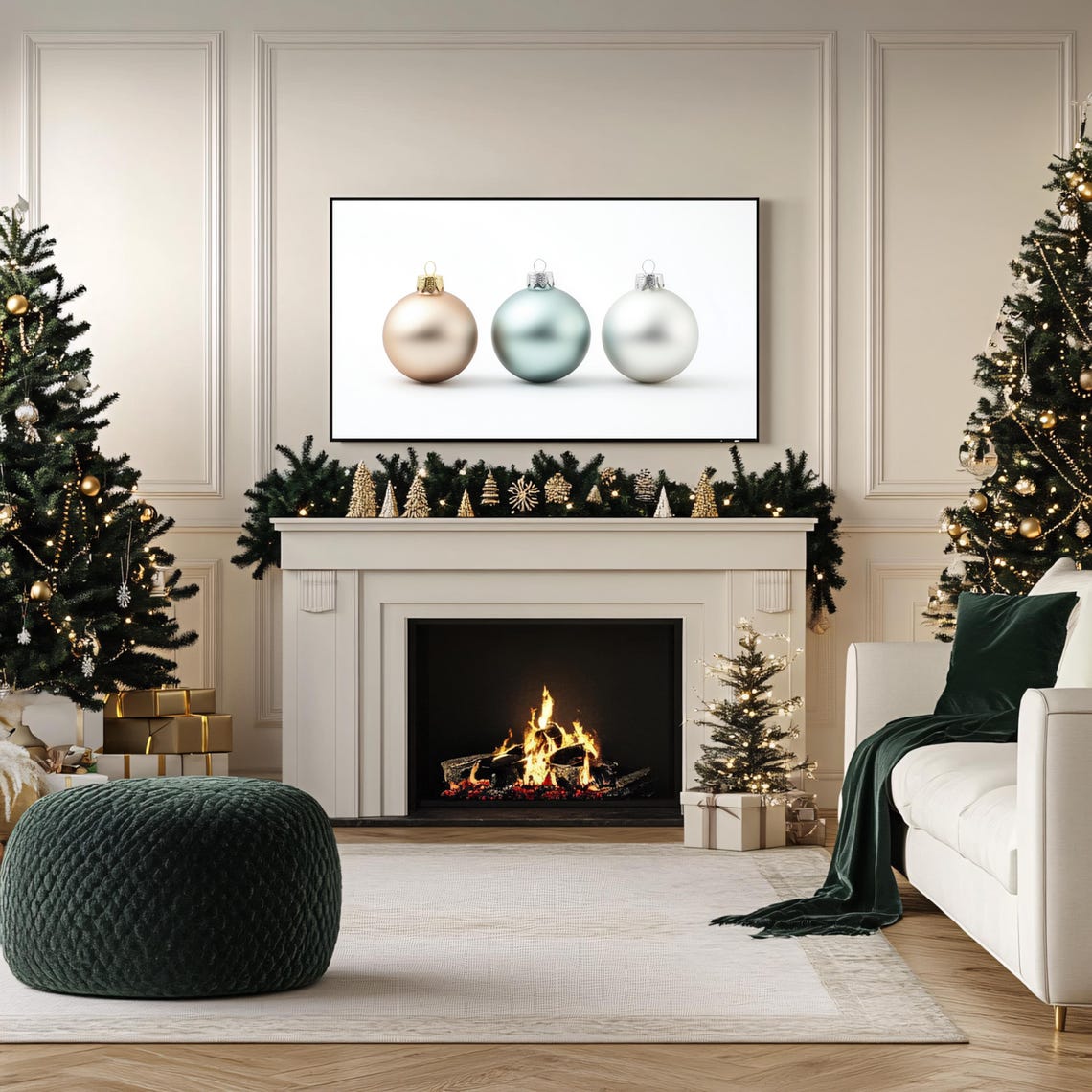 Three Minimalist Christmas Baubles Champagne Sage White Holiday Poster - Image 2