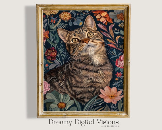 Tabby Cat William Morris Style Floral Poster